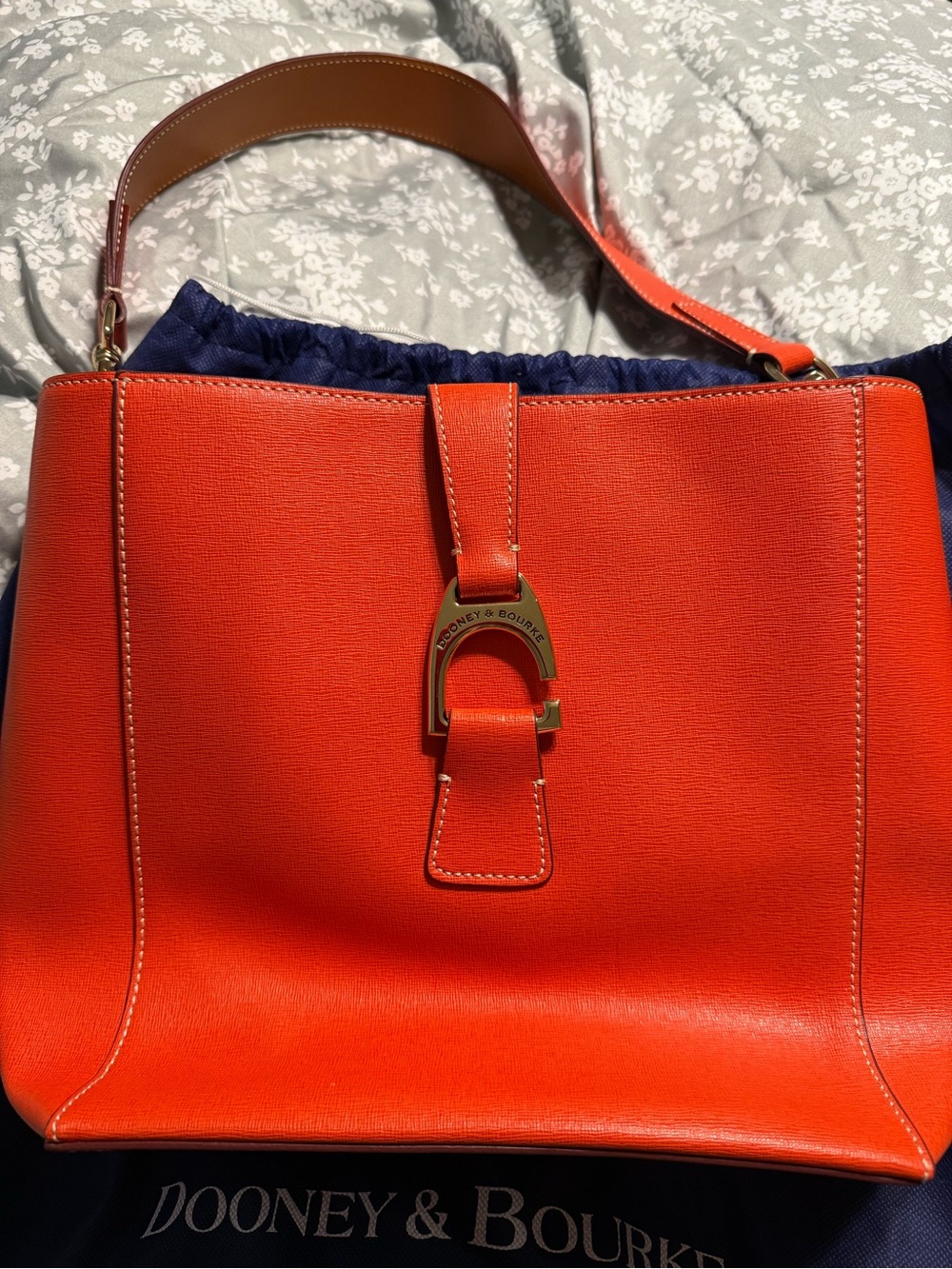 Dooney & Bourke Bright Orange Leather Shoulder Tote with Gold Hardware